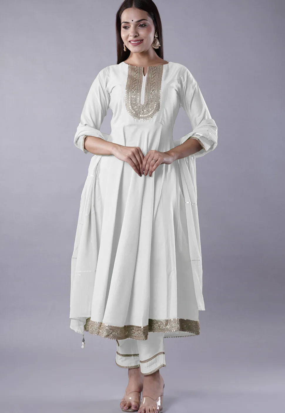 Embroidered Cotton Silk Aline Suit in White