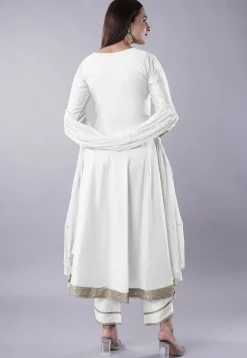 Embroidered Cotton Silk Aline Suit in White