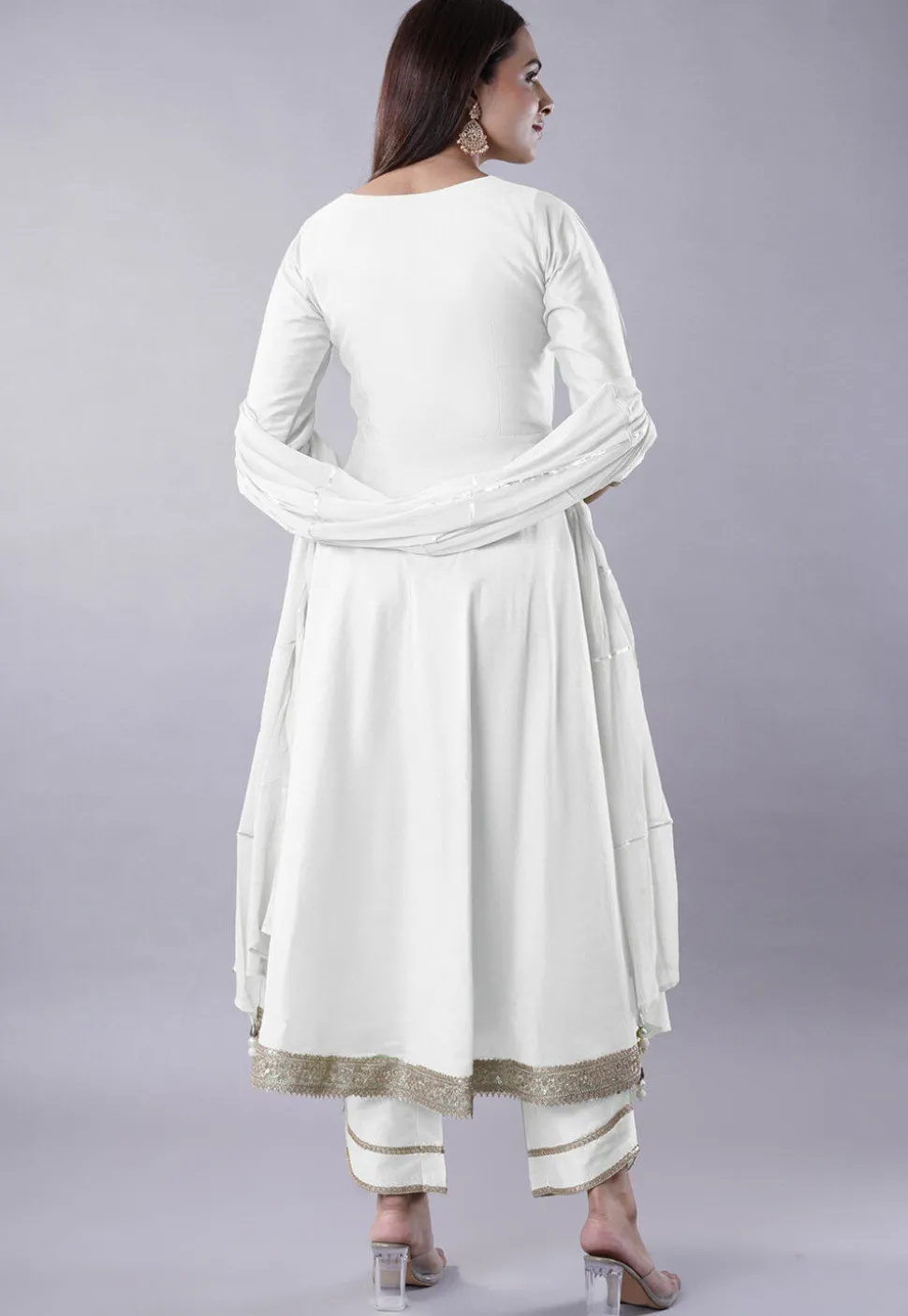 Embroidered Cotton Silk Aline Suit in White