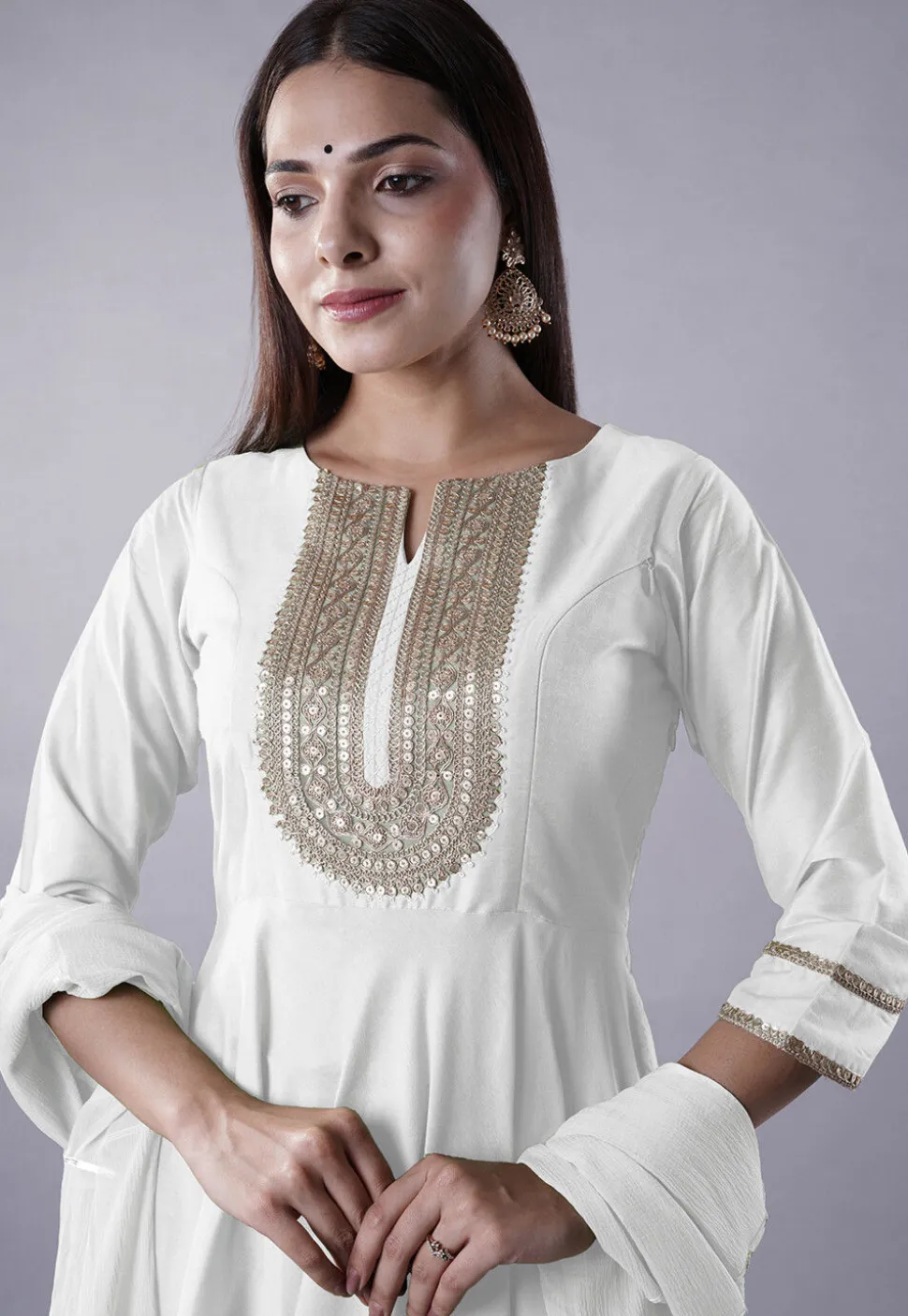 Embroidered Cotton Silk Aline Suit in White