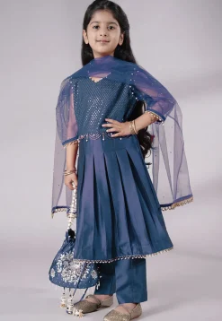 Embroidered Cotton Silk A Line Suit in Teal Blue