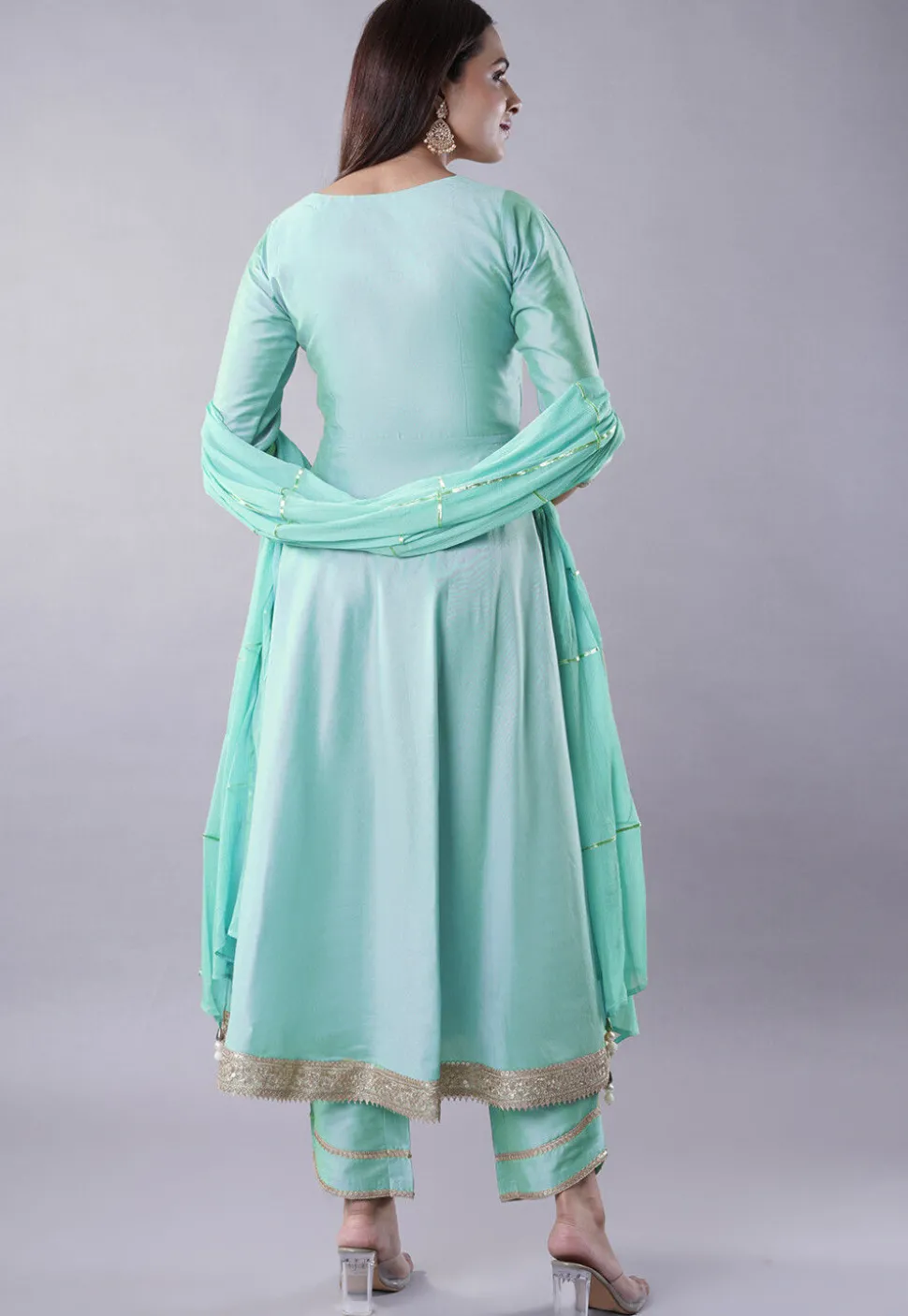 Embroidered Cotton Silk Aline Suit in Sky Blue