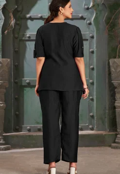 Embroidered Cotton Silk Asymmetric Top Set in Black