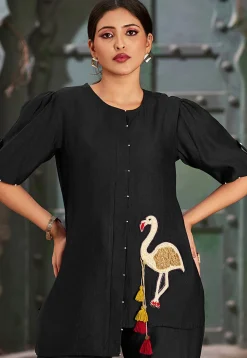 Embroidered Cotton Silk Asymmetric Top Set in Black
