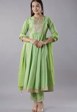 Embroidered Cotton Silk Anarkali Suit in Parrot Green
