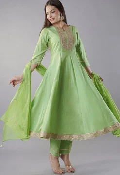 Embroidered Cotton Silk Anarkali Suit in Parrot Green