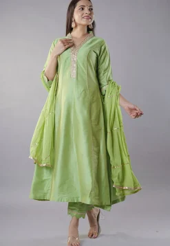 Embroidered Cotton Silk Aline Suit in Green