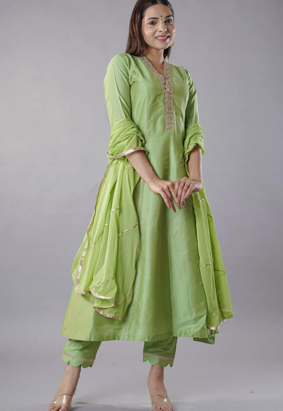 Embroidered Cotton Silk Aline Suit in Green
