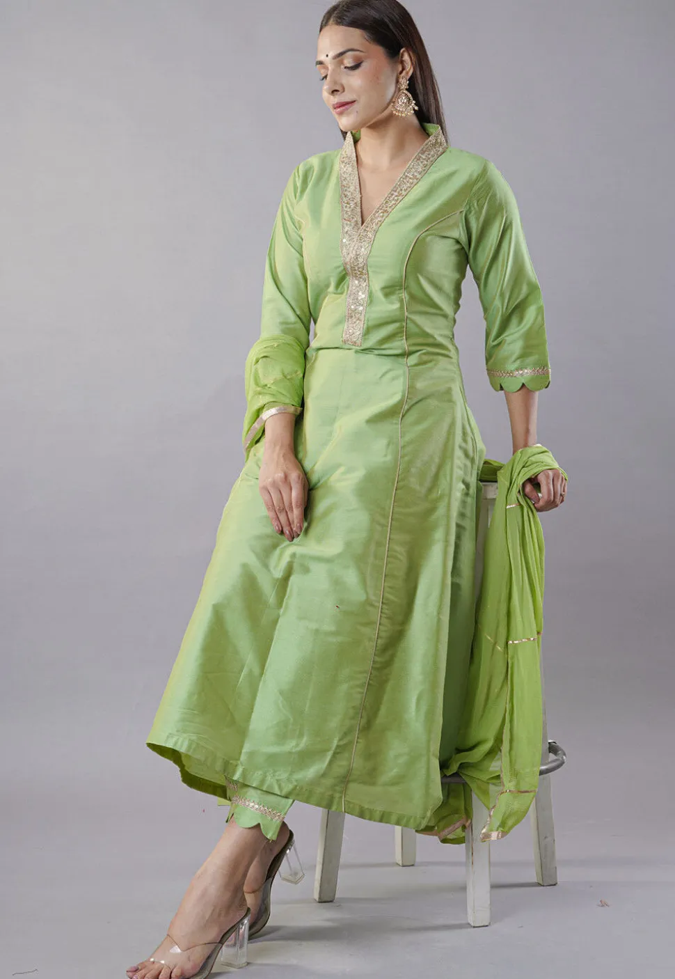 Embroidered Cotton Silk Aline Suit in Green