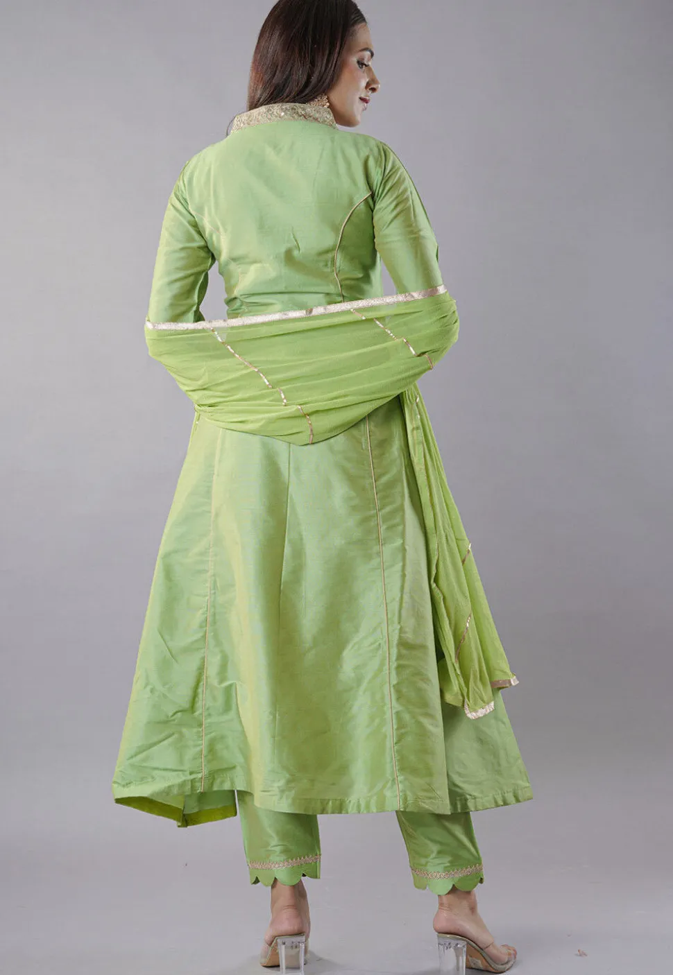 Embroidered Cotton Silk Aline Suit in Green