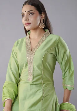 Embroidered Cotton Silk Aline Suit in Green