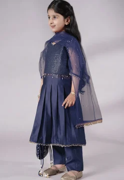 Embroidered Cotton Silk A Line Suit in Navy Blue