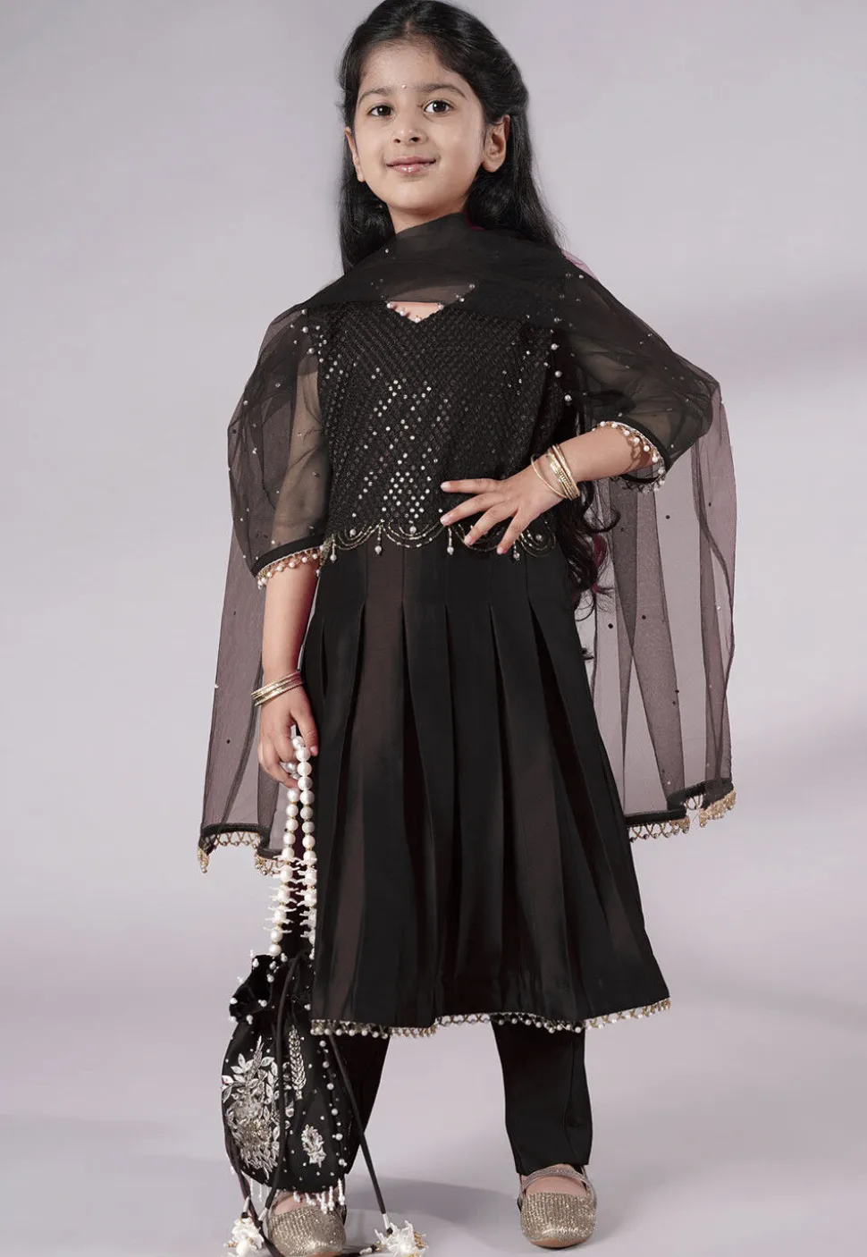 Embroidered Cotton Silk A Line Suit in Black