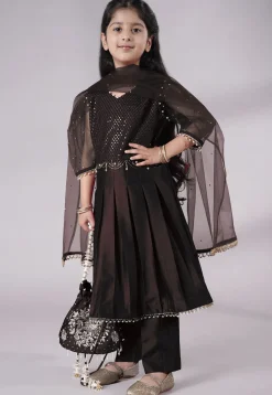 Embroidered Cotton Silk A Line Suit in Black