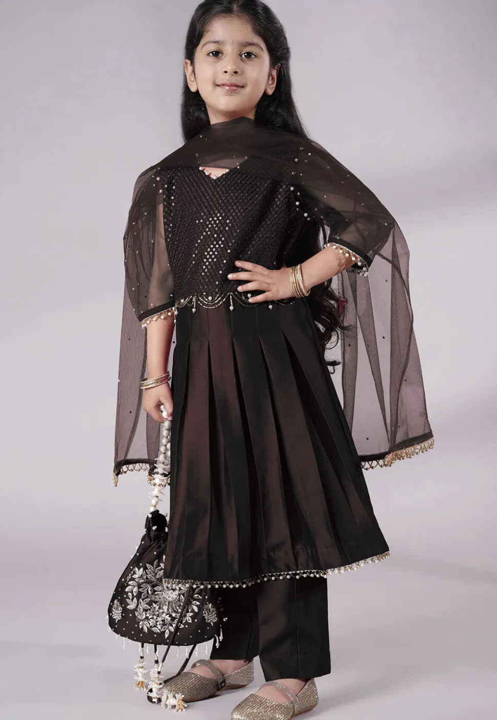 Embroidered Cotton Silk A Line Suit in Black