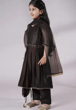 Embroidered Cotton Silk A Line Suit in Black