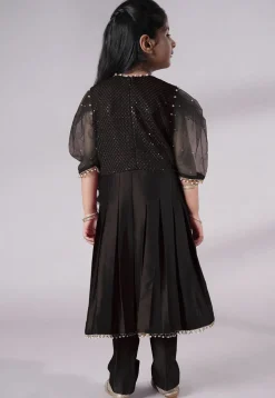 Embroidered Cotton Silk A Line Suit in Black