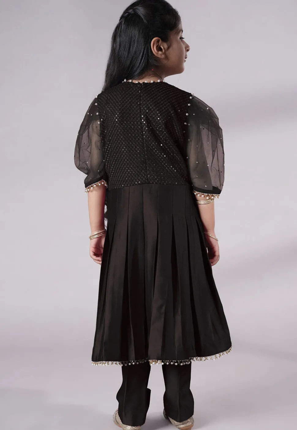 Embroidered Cotton Silk A Line Suit in Black