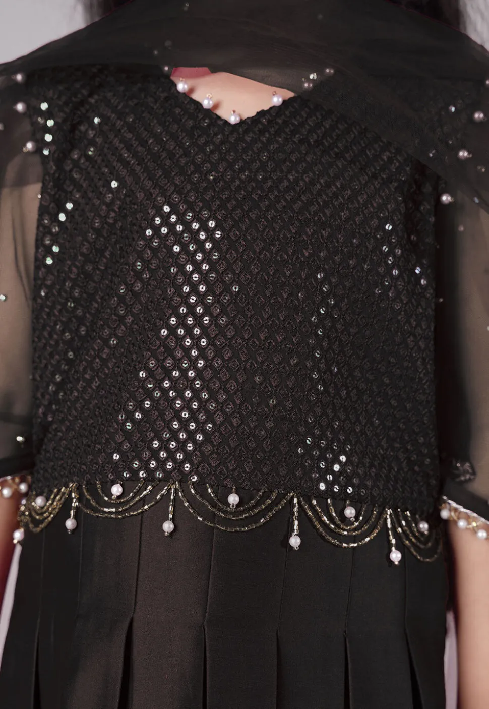 Embroidered Cotton Silk A Line Suit in Black