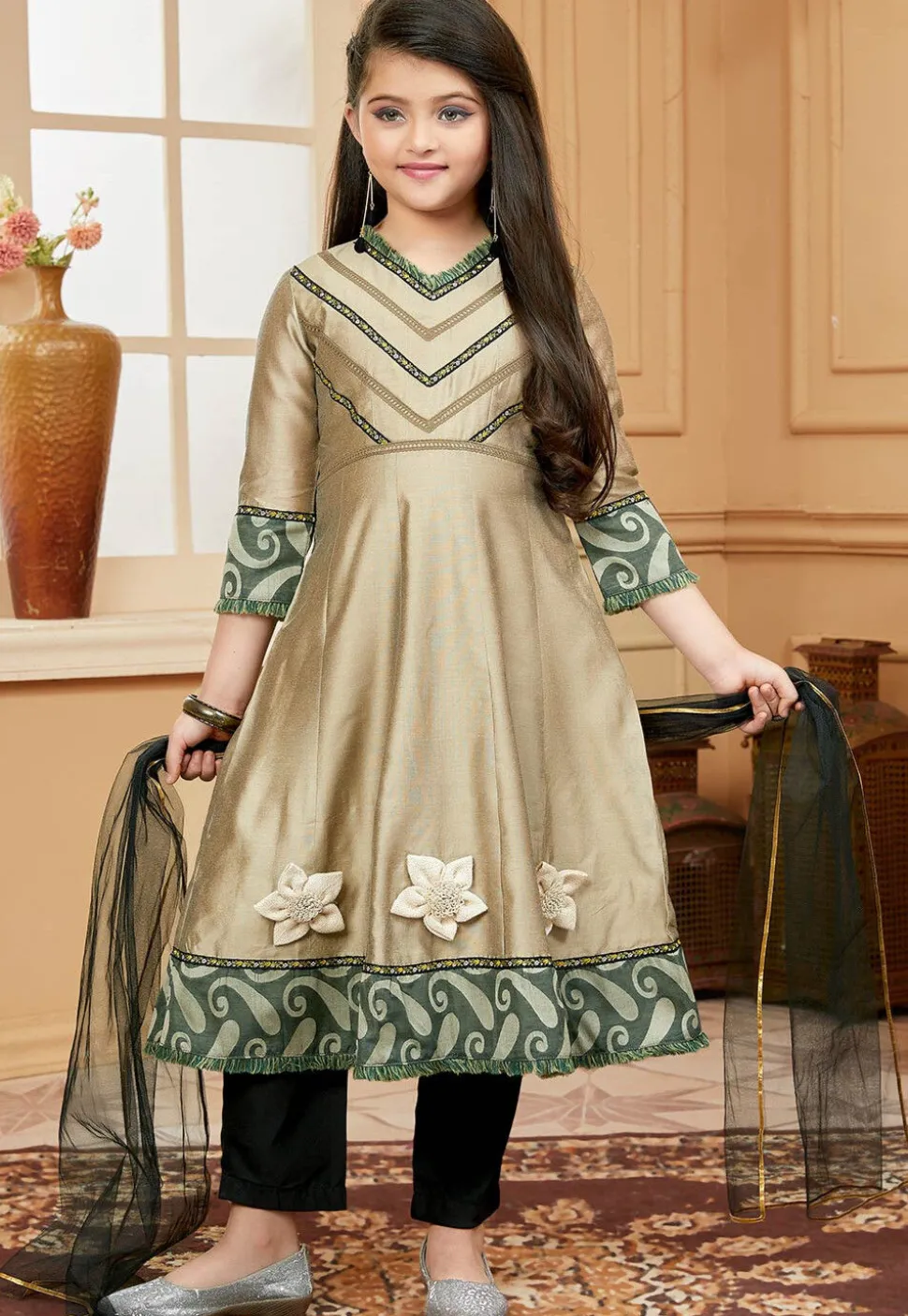 Embroidered Cotton Silk Anarkali Suit in Beige