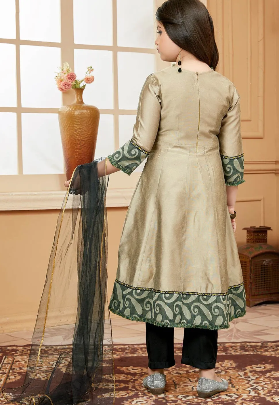 Embroidered Cotton Silk Anarkali Suit in Beige