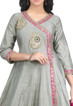 Embroidered Cotton Silk Angrakha Style Suit in Grey
