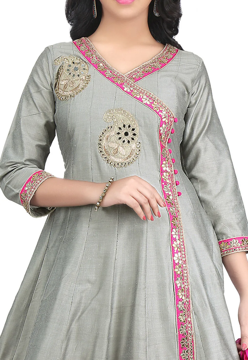 Embroidered Cotton Silk Angrakha Style Suit in Grey