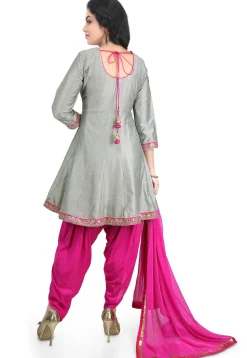 Embroidered Cotton Silk Angrakha Style Suit in Grey