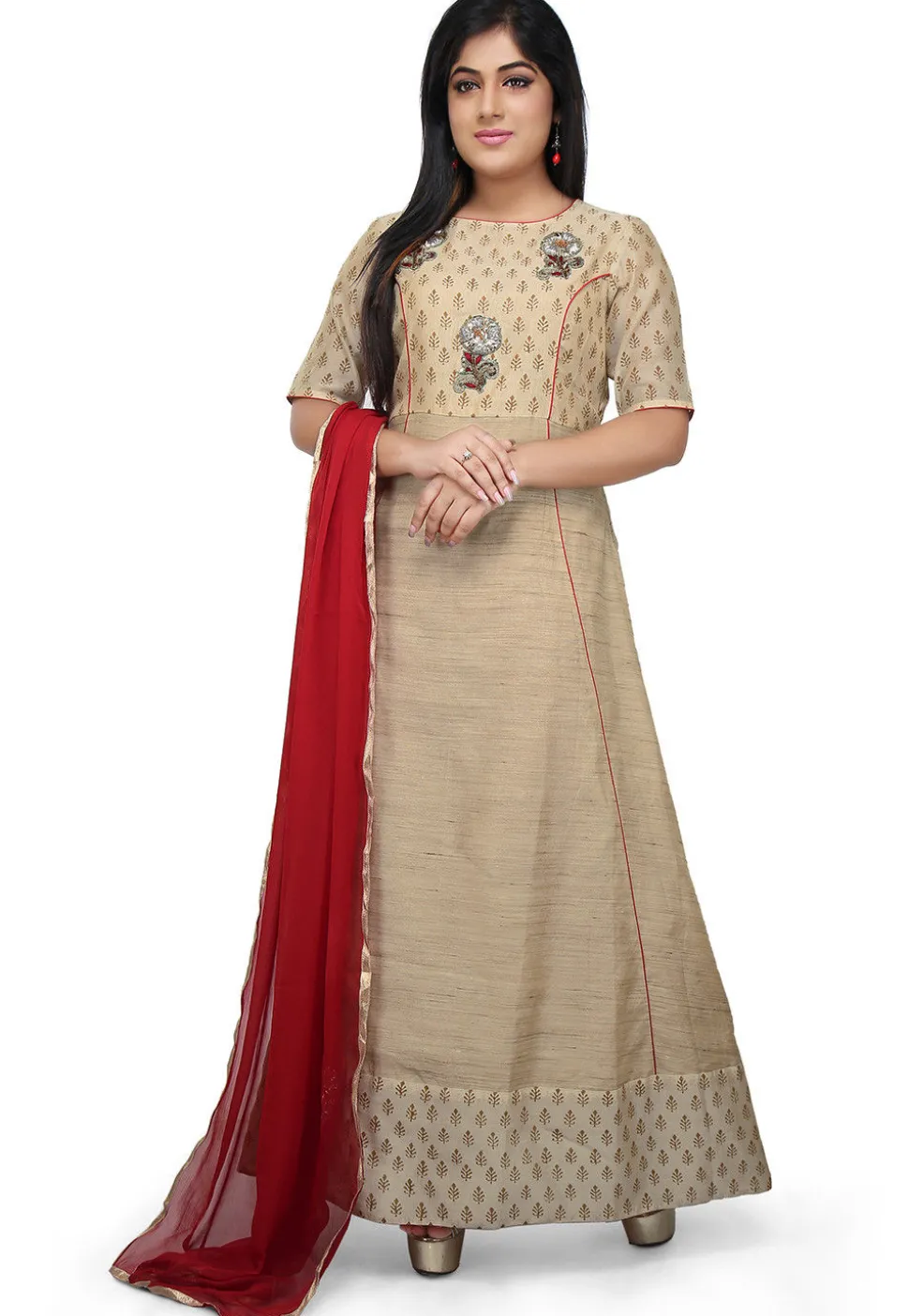 Embroidered Cotton Silk Abaya Style Suit in Beige