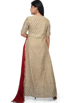 Embroidered Cotton Silk Abaya Style Suit in Beige
