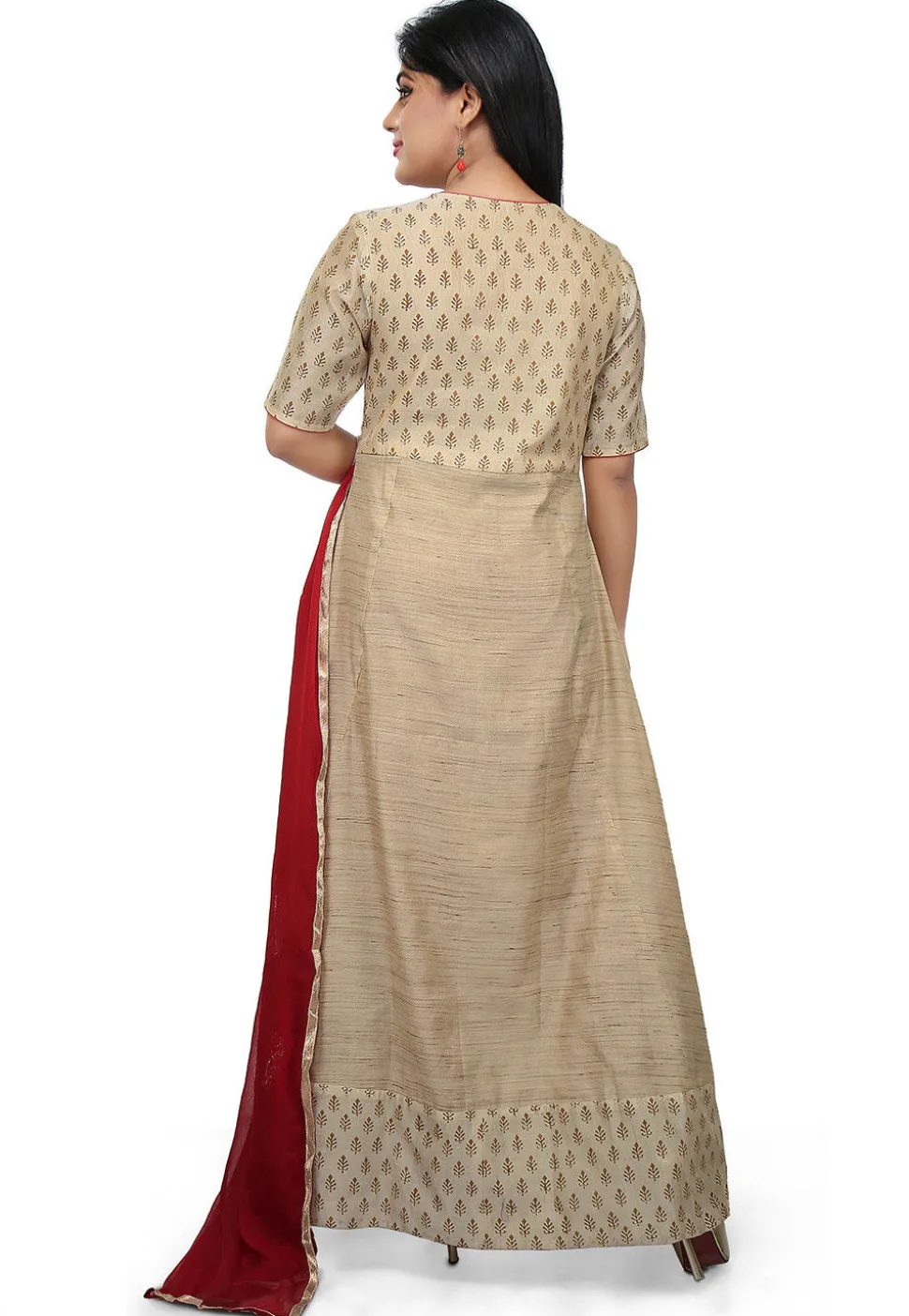 Embroidered Cotton Silk Abaya Style Suit in Beige