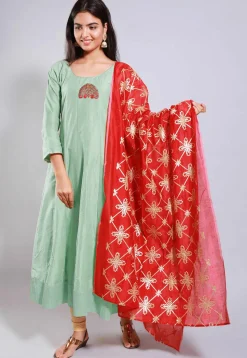 Embroidered Cotton Silk Anarkali Suits in Pastel Green
