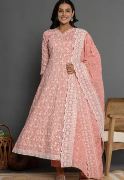 Embroidered Cotton Silk Anarkali Suit in Peach
