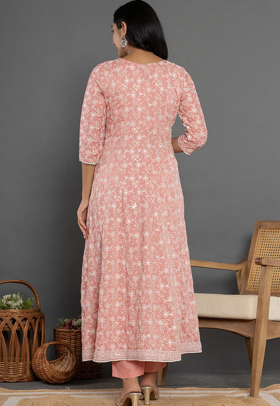 Embroidered Cotton Silk Anarkali Suit in Peach