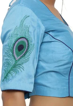 Embroidered Cotton Silk Blouse in Light Blue