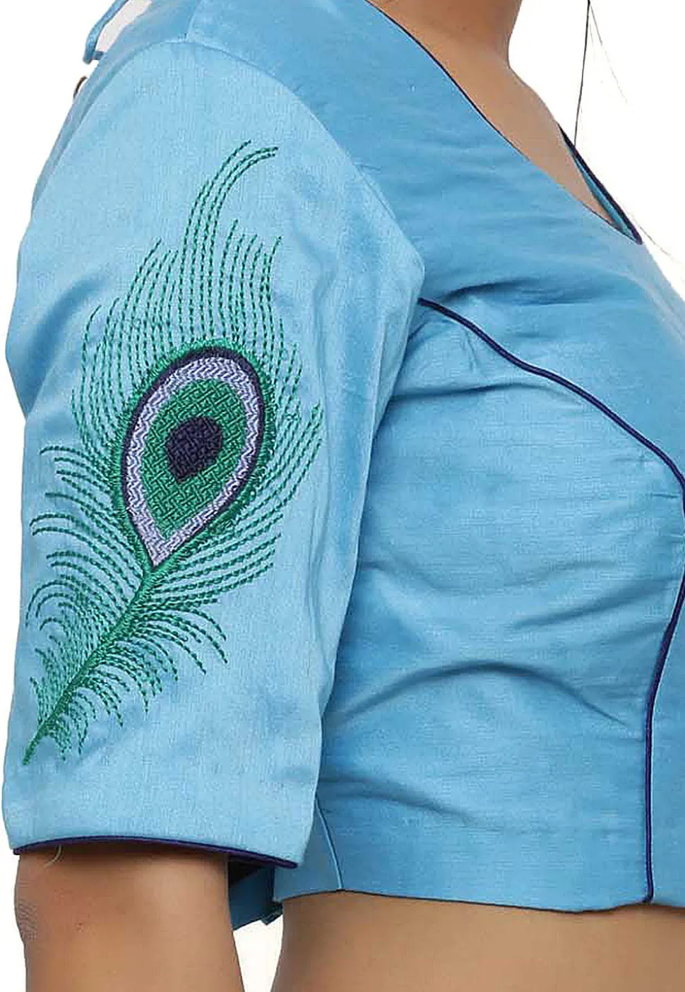 Embroidered Cotton Silk Blouse in Light Blue