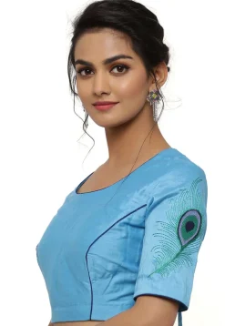 Embroidered Cotton Silk Blouse in Light Blue