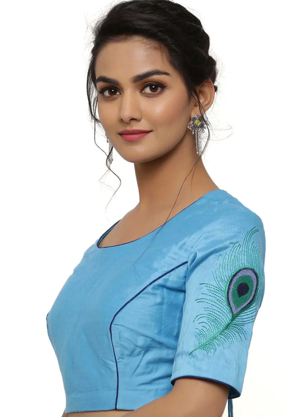 Embroidered Cotton Silk Blouse in Light Blue