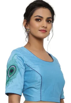 Embroidered Cotton Silk Blouse in Light Blue
