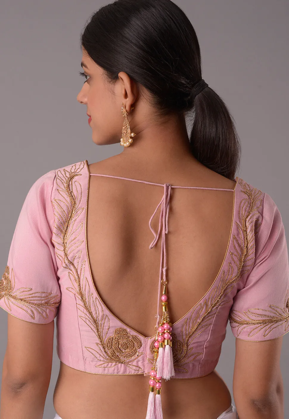 Embroidered Cotton Silk Blouse in Baby Pink