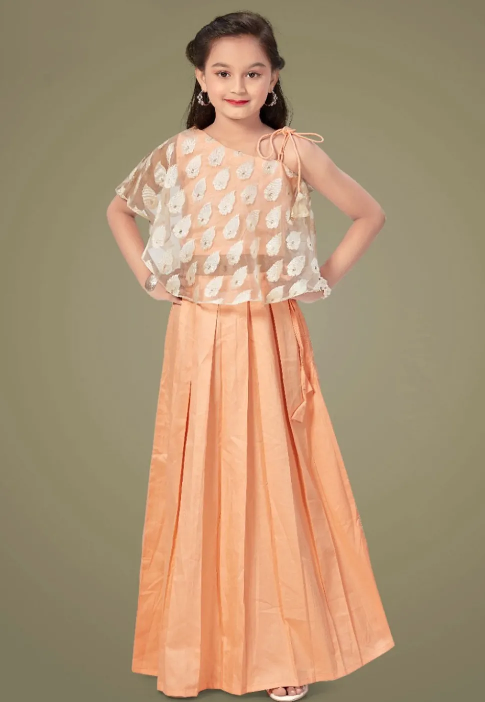 Embroidered Cotton Silk Cape Style Top Set in Peach