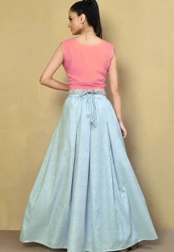 Embroidered Cotton Silk Crop Top Set in Pink