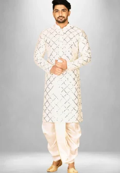 Embroidered Cotton Silk Dhoti Kurta in Off White