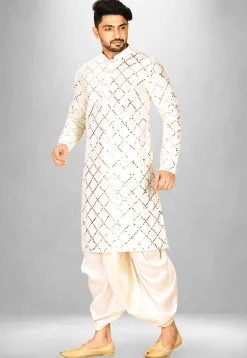 Embroidered Cotton Silk Dhoti Kurta in Off White