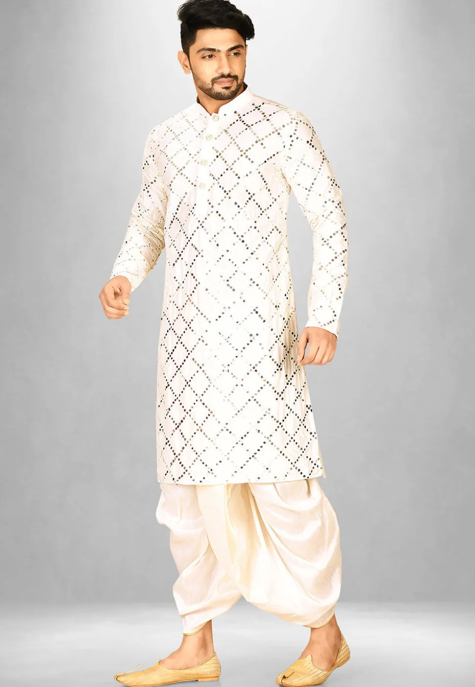Embroidered Cotton Silk Dhoti Kurta in Off White