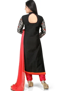 Embroidered Cotton Silk Front Slit Pakistani Suit in Black