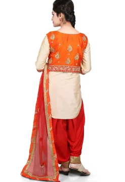 Embroidered Cotton Silk Jacket Style Punjabi Suit in Beige