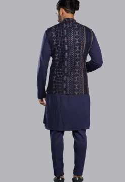 Embroidered Cotton Silk Kurta Set in Navy Blue