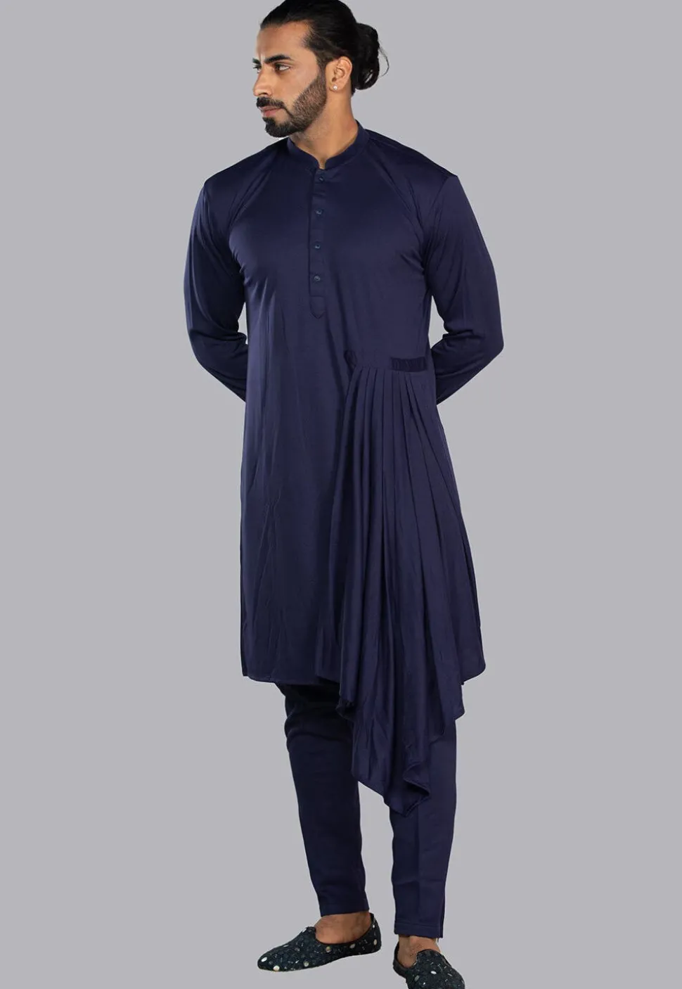 Embroidered Cotton Silk Kurta Set in Navy Blue