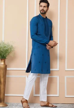 Embroidered Cotton Silk Kurta Set in Royal Blue